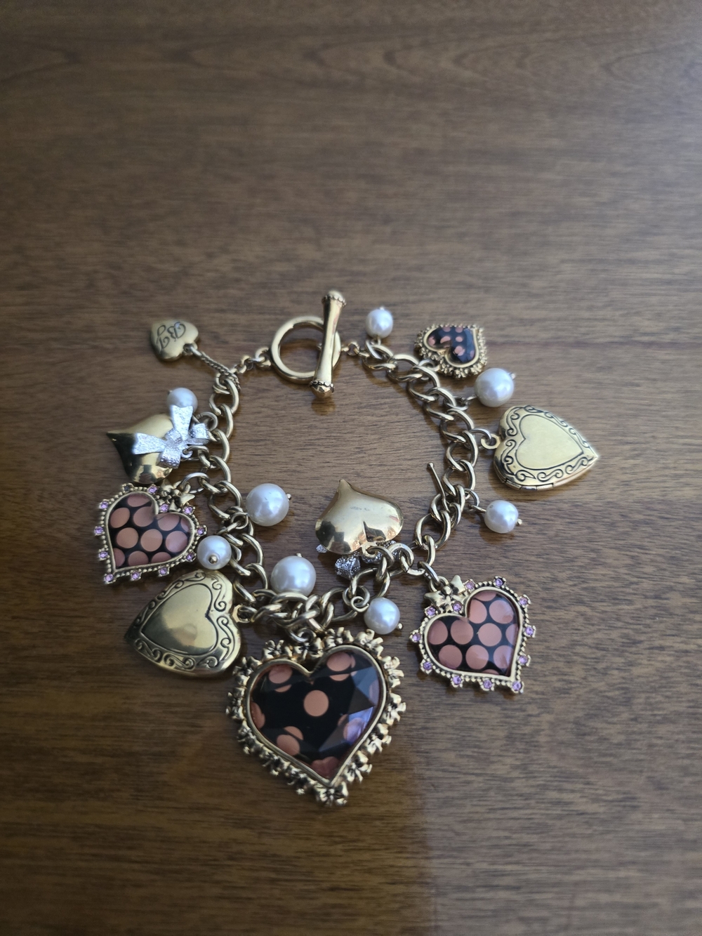 Betsey Johnson Gold-Tone Heart Charm Bracelet with Black and Pink Enamel